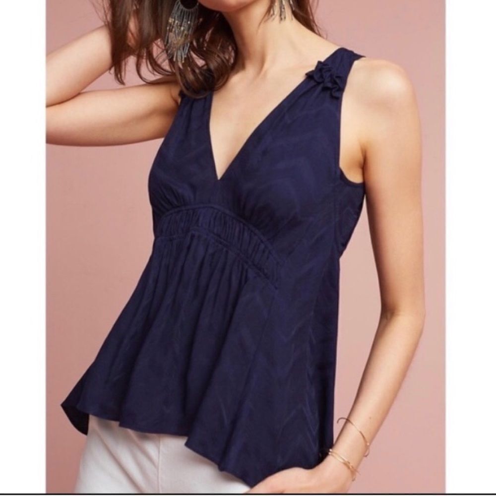 Anthropologie Maeve Bretta Top Flowy Tank Ruched Ruffle Detail Sz Medium‎ Blue